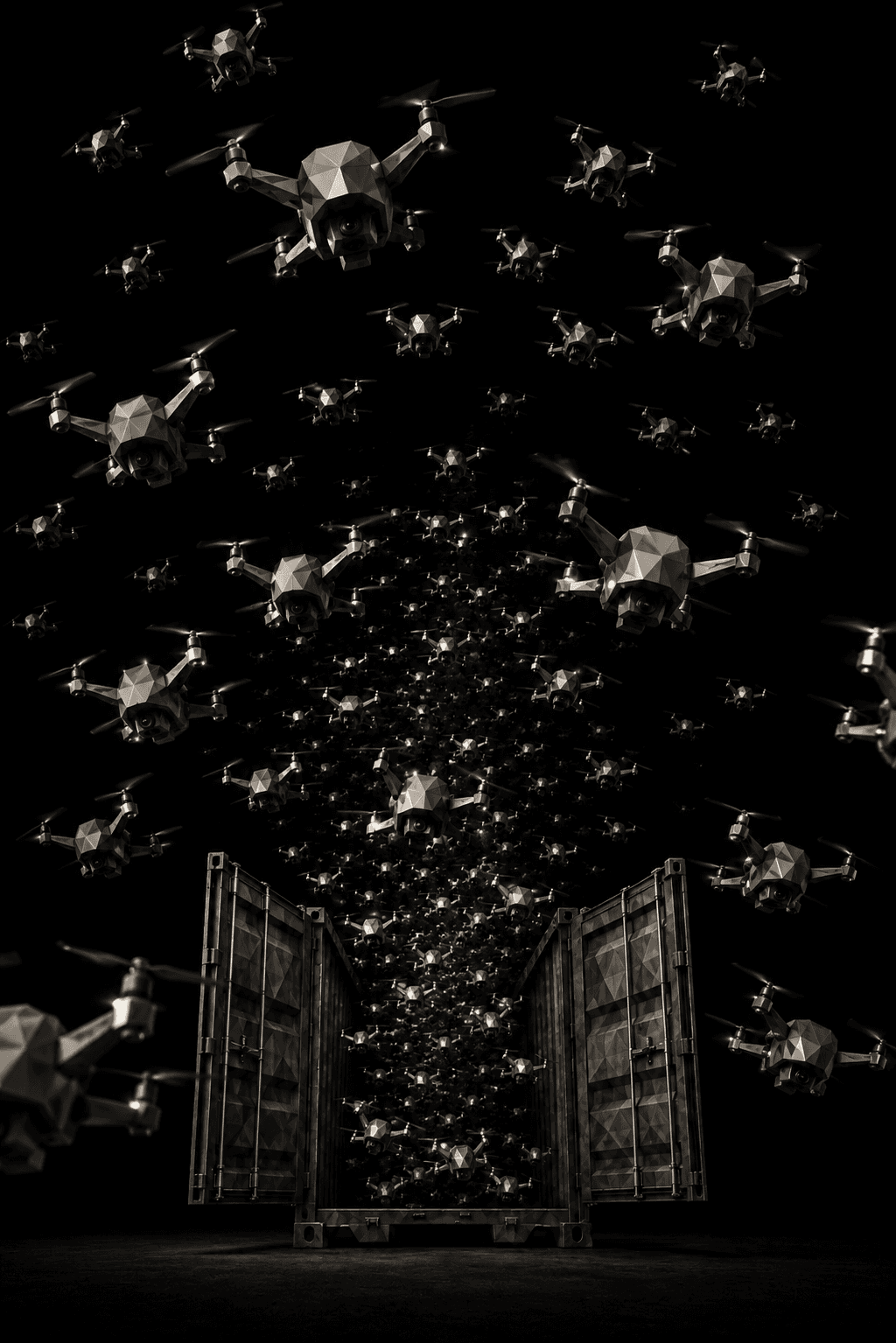 Stylized swarm of quadcopters emerging from an open container in a dark environment.