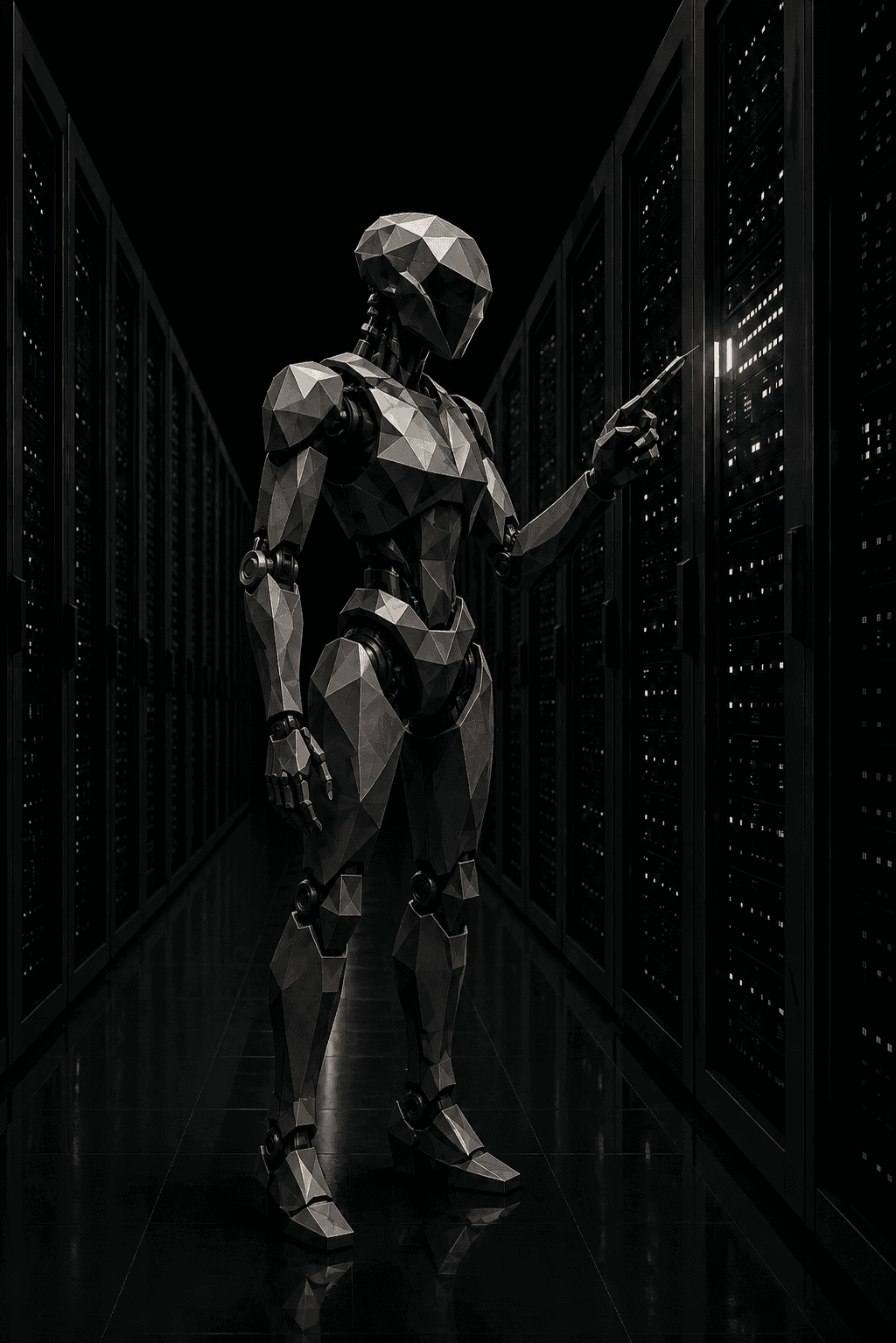 Stylized faceted humanoid machine inspecting a server rack in a dark data center.