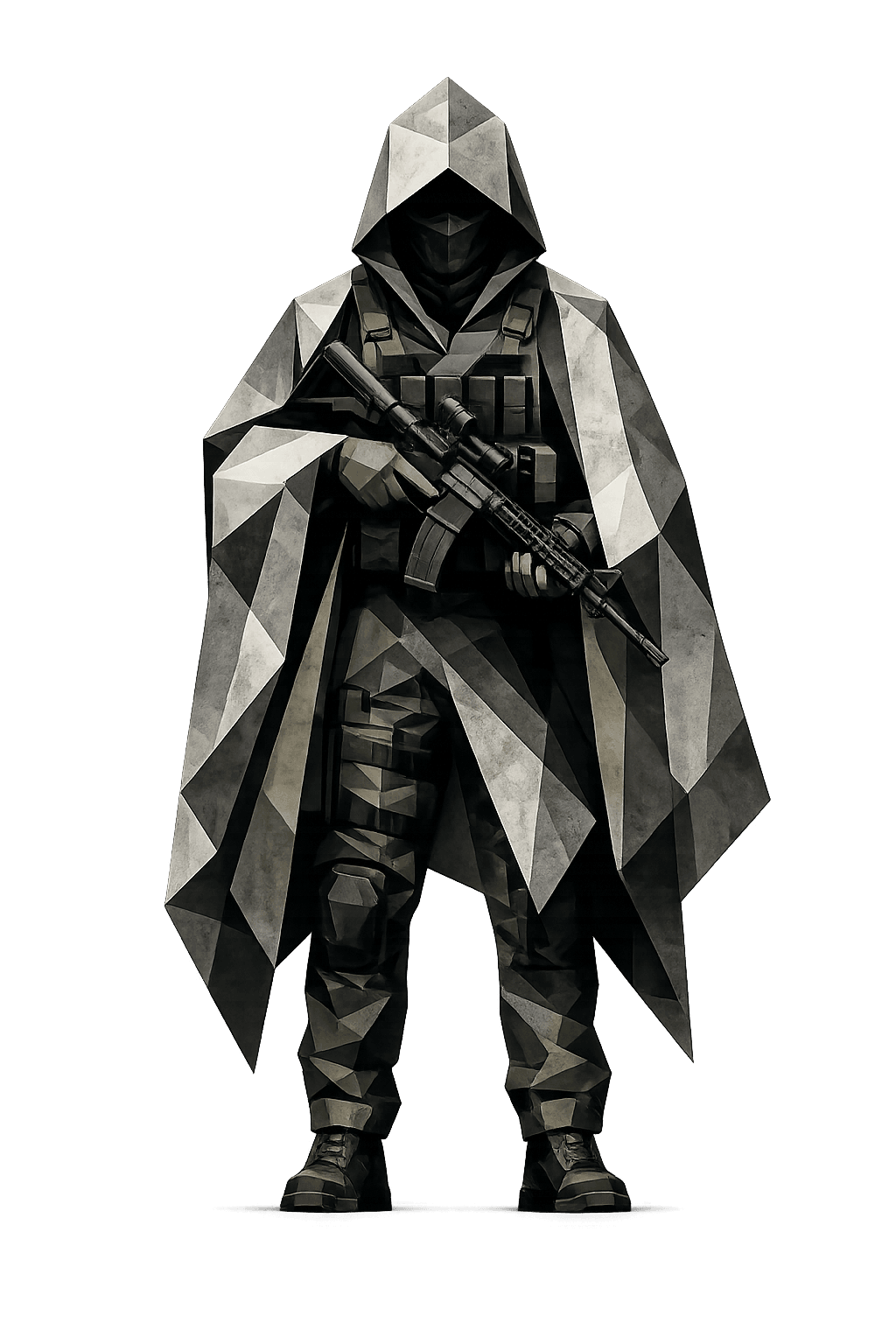 Stylized Warfighter wearing a grayscale geometric camouflage cloak.