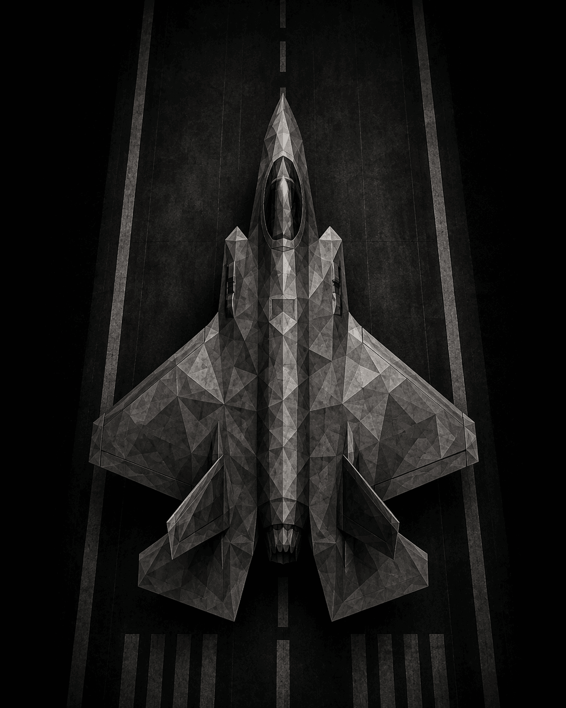 Stylized overhead view of a faceted aircraft on a dark runway.