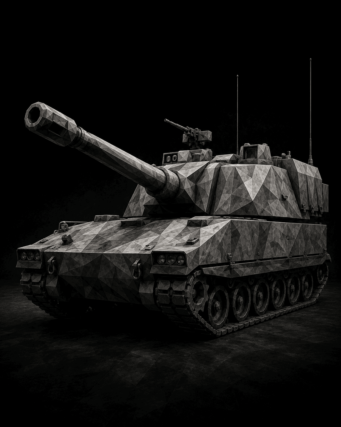 Stylized three-quarter view of a faceted armored vehicle against a black background.
