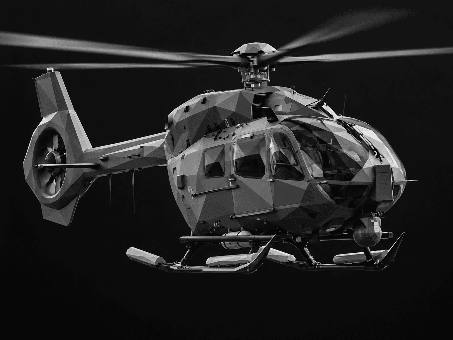 Stylized helicopter with a faceted grayscale camouflage surface against a black background.