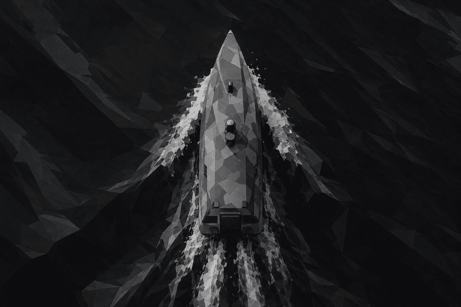Stylized overhead view of a faceted maritime vessel moving through dark water.