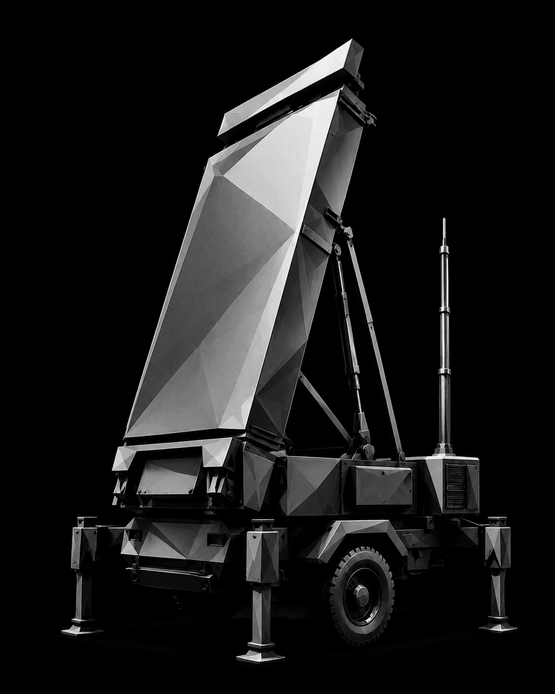 Stylized mobile sensor system with a faceted grayscale surface.