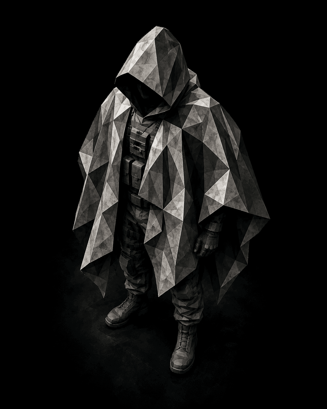 Stylized Warfighter wearing a faceted grayscale concealment layer.